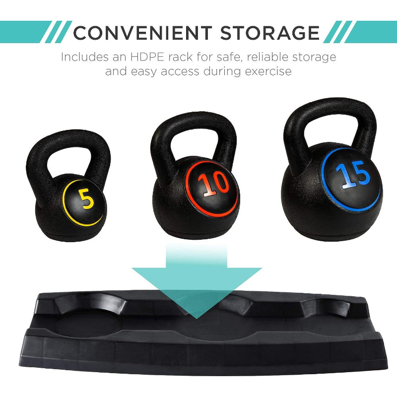 3‑Piece Kettlebell Set with Storage Rack